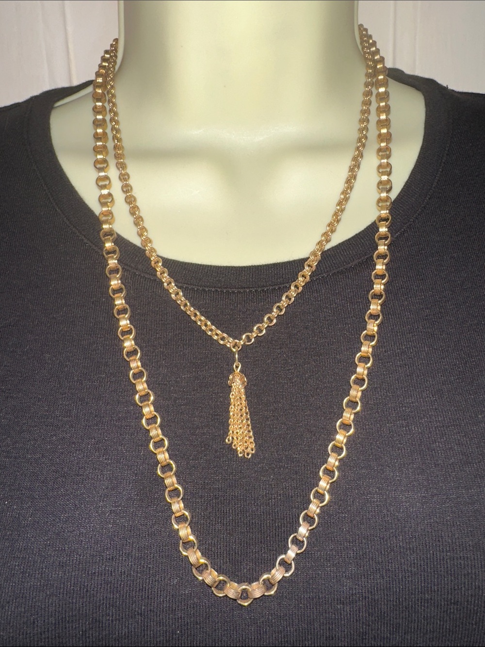 Vintage Mid Century Gold-Tone Two Layer Chain Necklace with Tassel Pendant